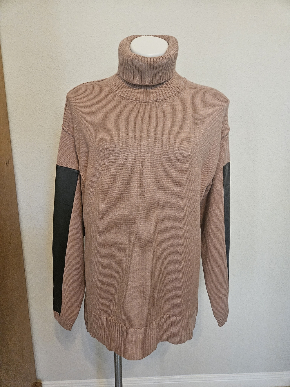 Venus Taupe Turtleneck Sweater with Black Arm Panels